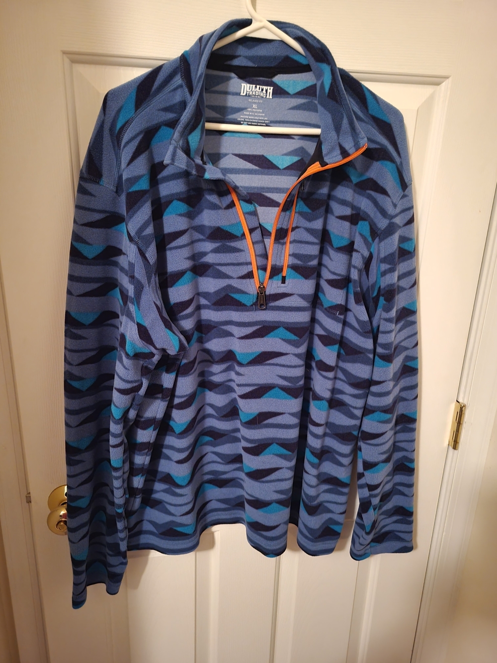 Duluth Trading Co Blue Geometric Quarter-Zip Pullover with Orange Trim